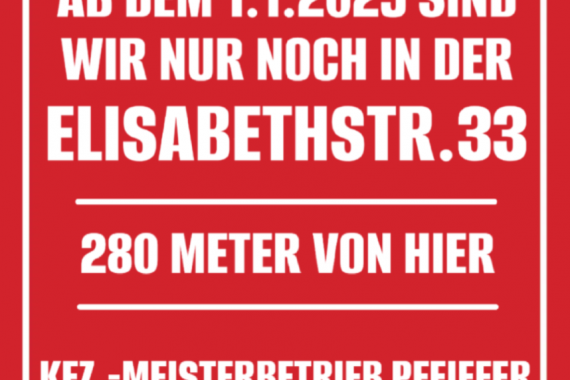 Wir ziehen um! Ab dem 1.1.2025 sind wir nur noch in der Elisabethstr. 33-35! Kfz.-Meisterbetrieb Pfeiffer Elisabethstr. 33-35, 12247 Berlin